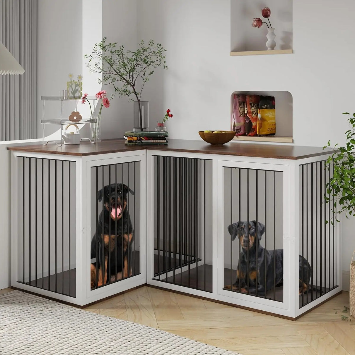 Dog Crate Furniture for 2 Dogs, 79.1" Large Dog Kennel Furniture with Dividers and Double Doors, All Steel Frame Double, Custom