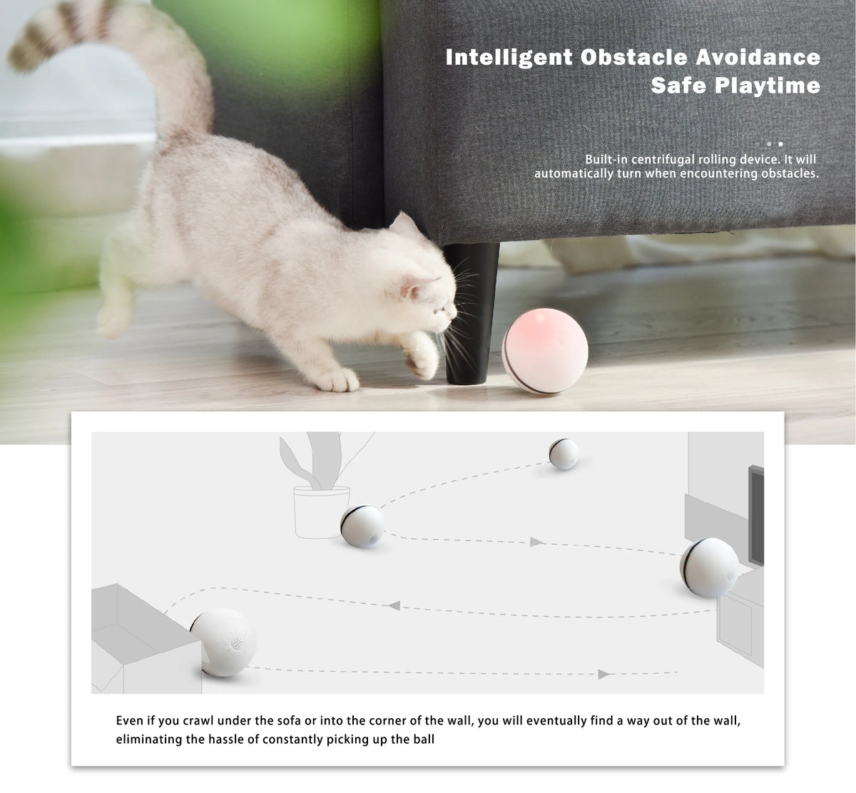 Smart Automatic Cat Toy Ball USB Rechargeable Self‑Rotating Rolling Cat Ball Obstacle Avoidance Interactive Pet Toy for Indoor Cats Kitten