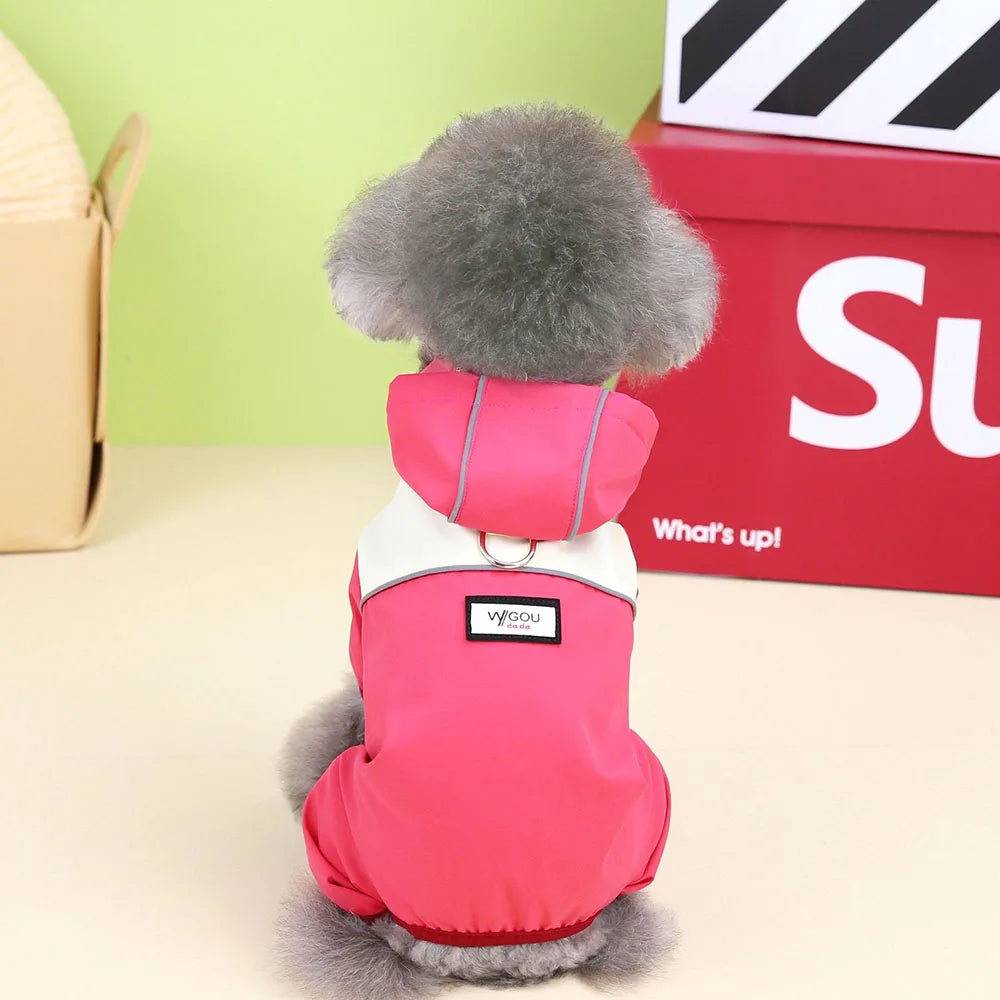 Waterproof Pet Clothing Fashion Splicing Color Dog Raincoat with Cap 4-Legs Puppy Rain Jacket Reflective Anti-Water Pet Apparel