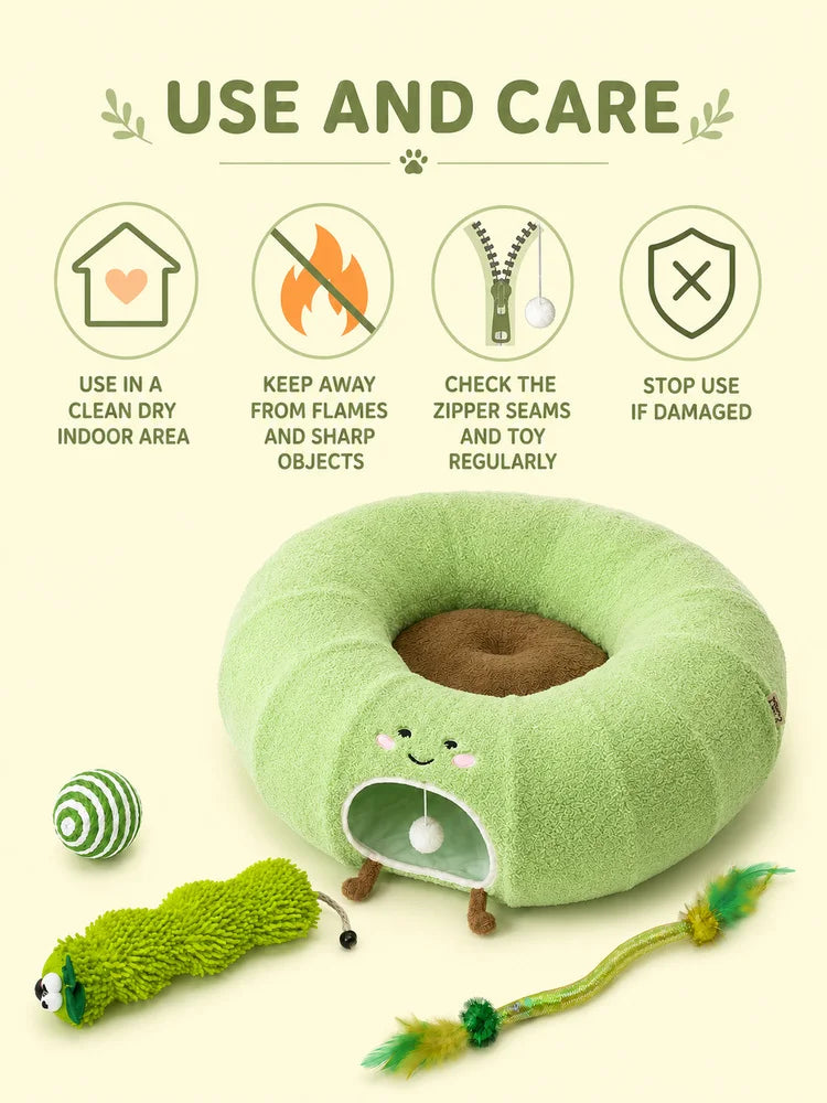 Convertible Cat Tunnel Bed For Indoor Cats Plush Donut Cat Bed With Removable Cushion Zip Connected Long Play Tunnel Cozy Hideaway Bed With Hanging Ball For Kittens Cats And Small Pets