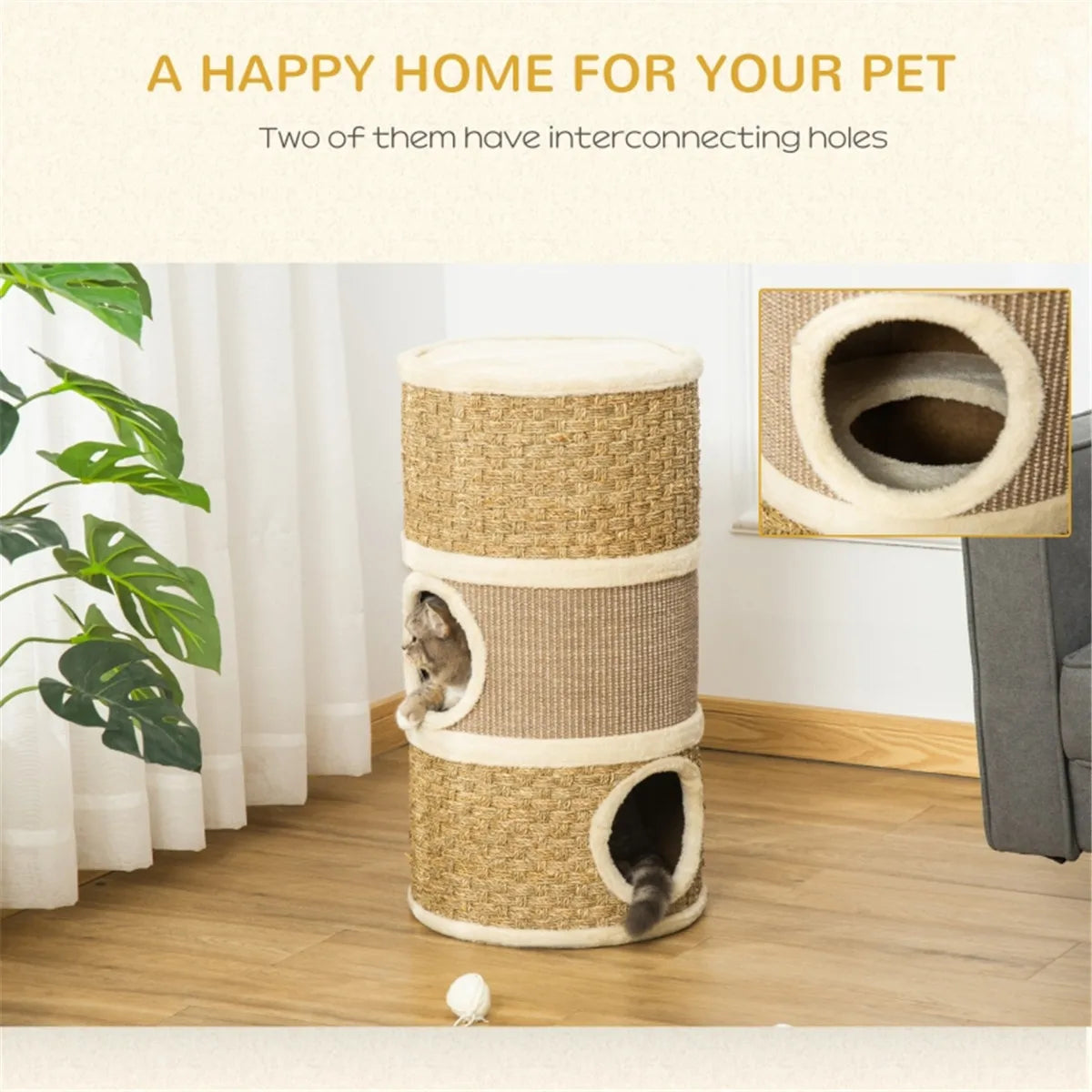 3‑Den Cat Tower Cat House Khaki Brown, Soft Plush Cat Cave with Sisal Seaweed Scratching Pads, Sturdy Particle Board Play Tower