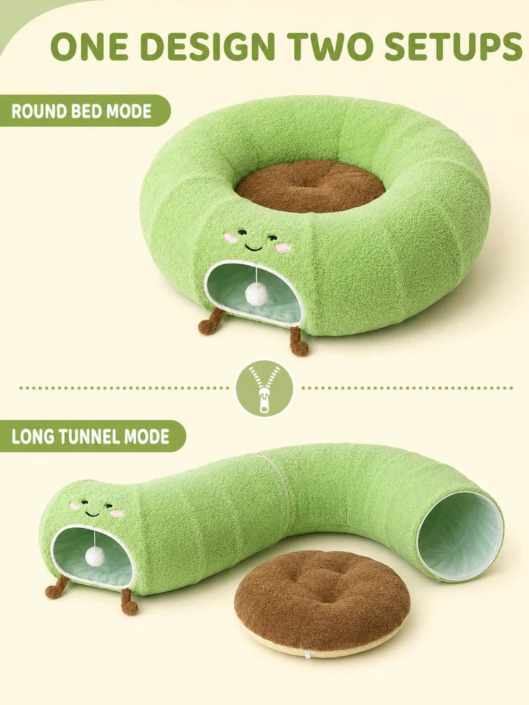 Convertible Cat Tunnel Bed For Indoor Cats Plush Donut Cat Bed With Removable Cushion Zip Connected Long Play Tunnel Cozy Hideaway Bed With Hanging Ball For Kittens Cats And Small Pets
