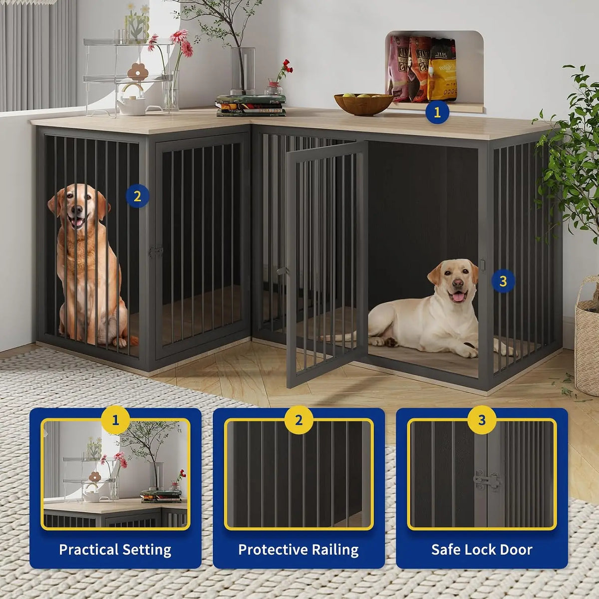 Dog Crate Furniture for 2 Dogs, 79.1" Large Dog Kennel Furniture with Dividers and Double Doors, All Steel Frame Double, Custom