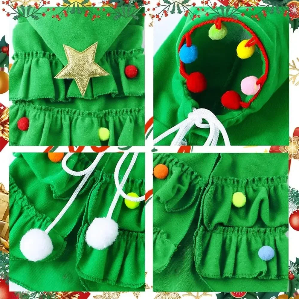Cat Christmas Outfit Green Pet Cloak with Hat Star Pompoms Puppy Cape Clothes Tree Elf Costumes Party Pet Supplies Accessories