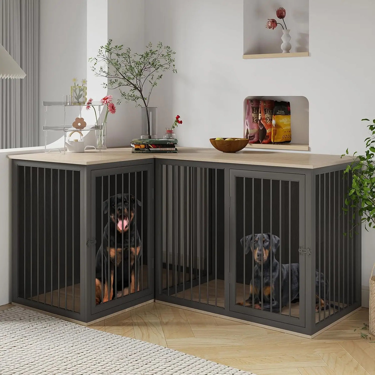 Dog Crate Furniture for 2 Dogs, 79.1" Large Dog Kennel Furniture with Dividers and Double Doors, All Steel Frame Double, Custom