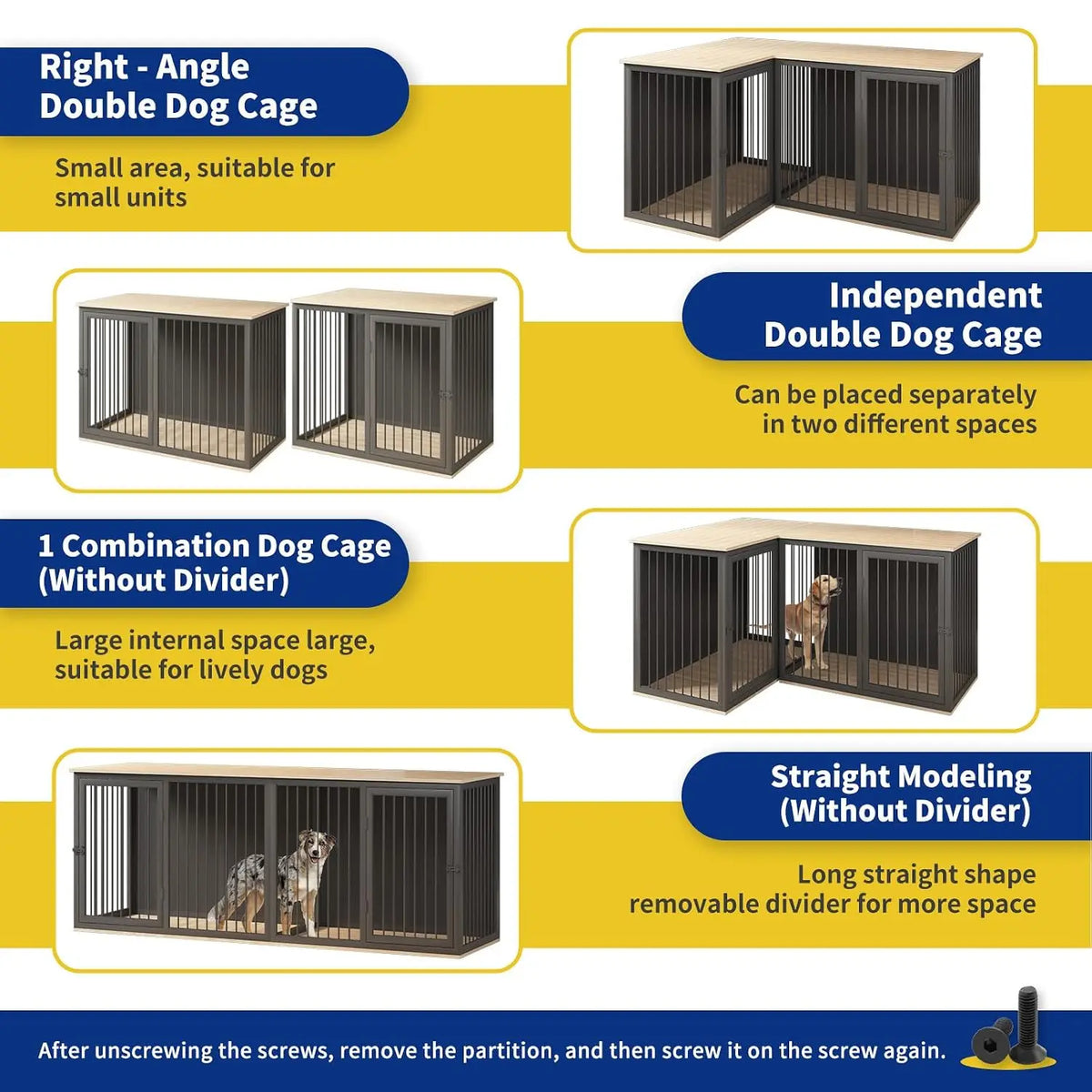 Dog Crate Furniture for 2 Dogs, 79.1" Large Dog Kennel Furniture with Dividers and Double Doors, All Steel Frame Double, Custom