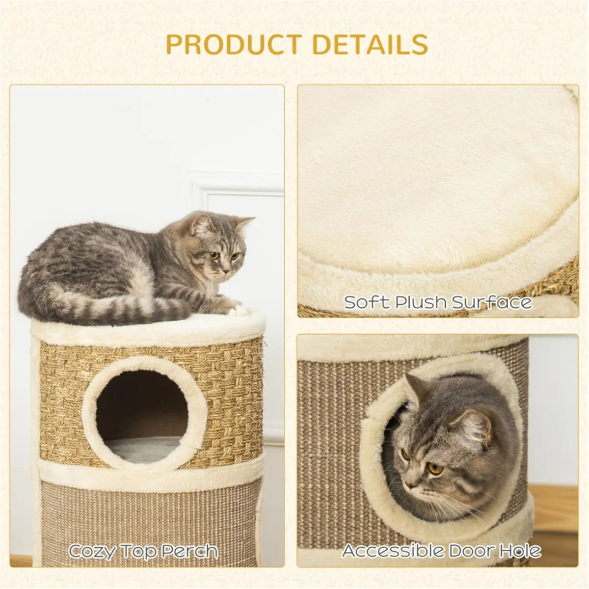 3‑Den Cat Tower Cat House Khaki Brown, Soft Plush Cat Cave with Sisal Seaweed Scratching Pads, Sturdy Particle Board Play Tower