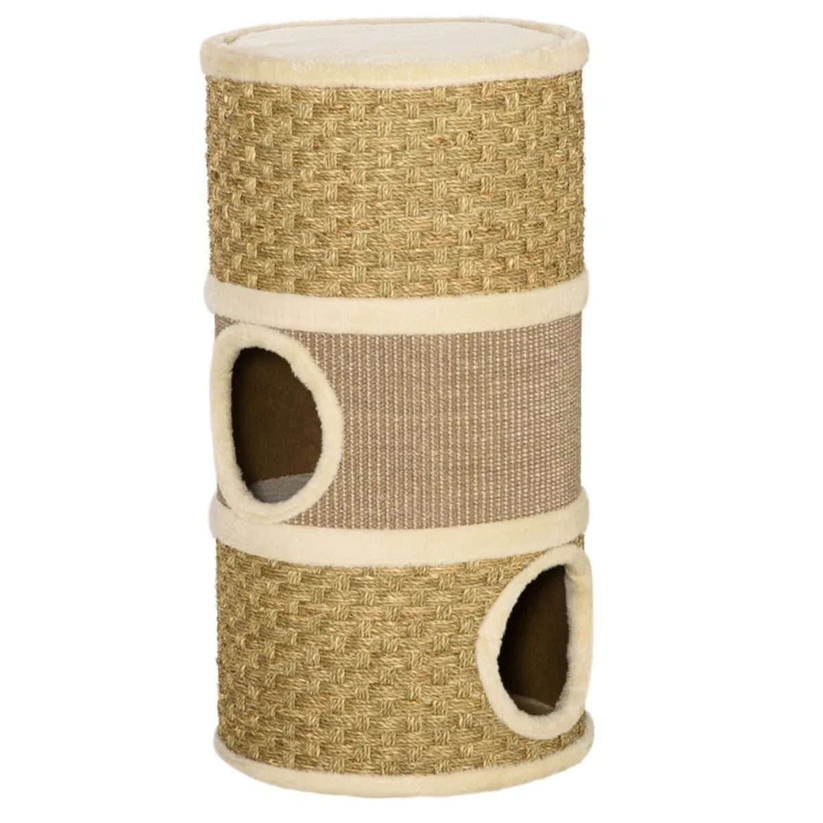 3‑Den Cat Tower Cat House Khaki Brown, Soft Plush Cat Cave with Sisal Seaweed Scratching Pads, Sturdy Particle Board Play Tower