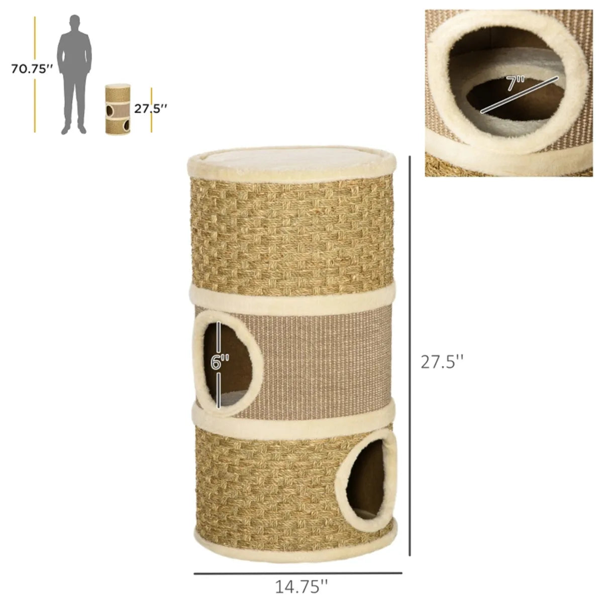 3‑Den Cat Tower Cat House Khaki Brown, Soft Plush Cat Cave with Sisal Seaweed Scratching Pads, Sturdy Particle Board Play Tower