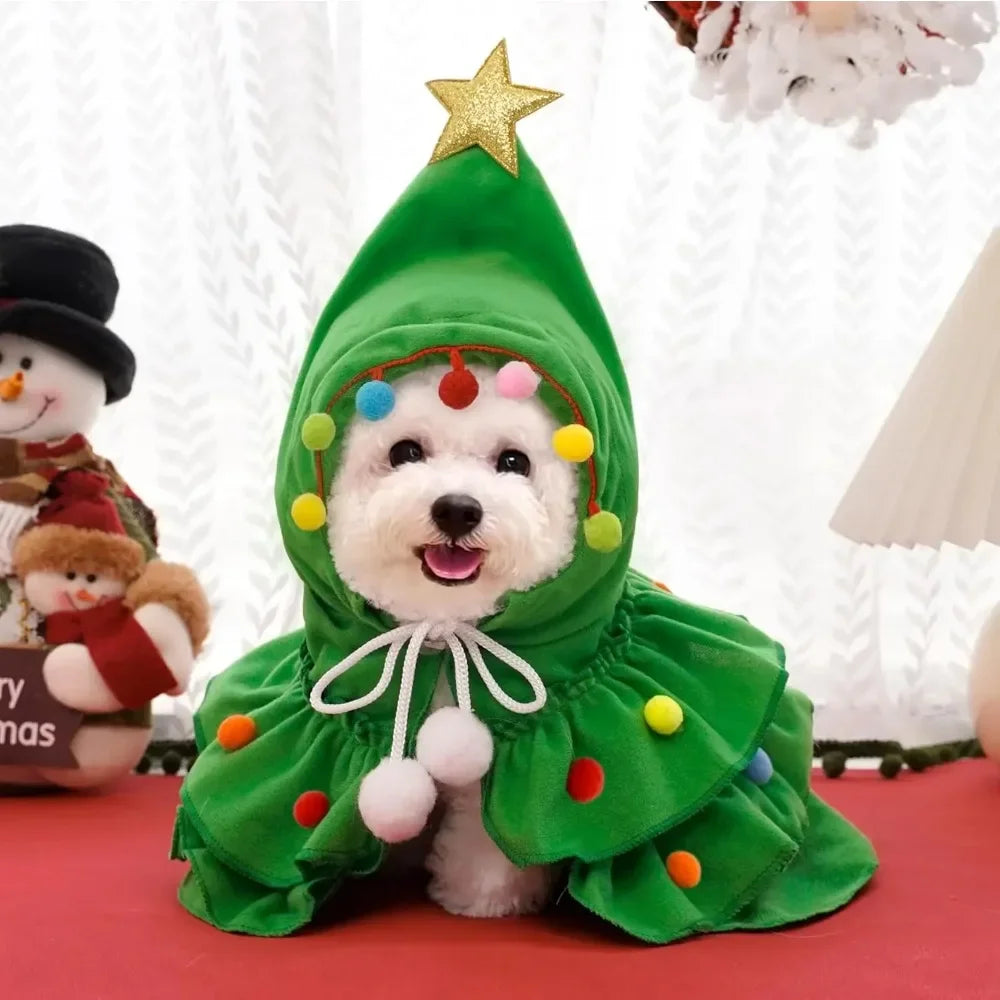 Cat Christmas Outfit Green Pet Cloak with Hat Star Pompoms Puppy Cape Clothes Tree Elf Costumes Party Pet Supplies Accessories