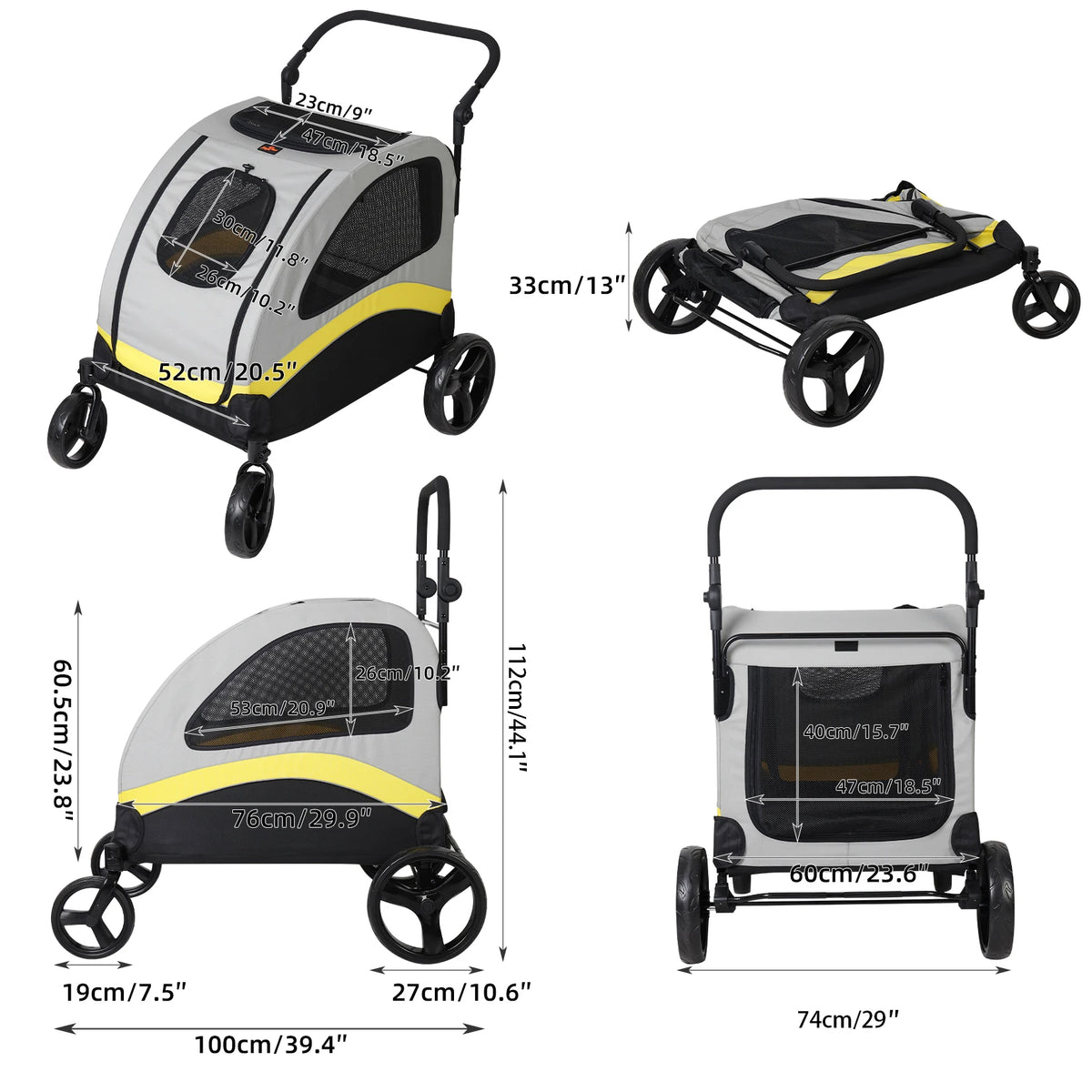Dog Stroller for 2 Dogs Pet Jogger Wagon Travel Carriage with Zipper Divider and 4 Wheels Foldable Rolling Pet Carrier Cart Pram