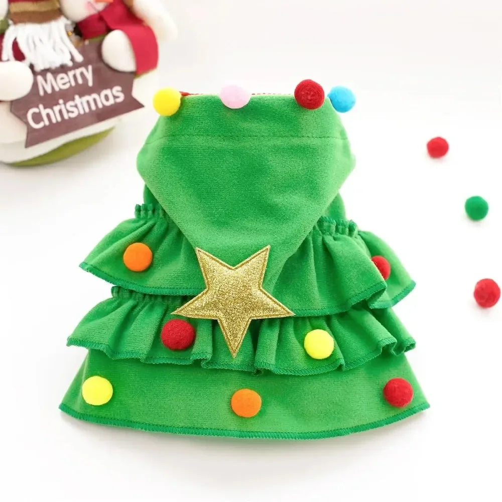Cat Christmas Outfit Green Pet Cloak with Hat Star Pompoms Puppy Cape Clothes Tree Elf Costumes Party Pet Supplies Accessories