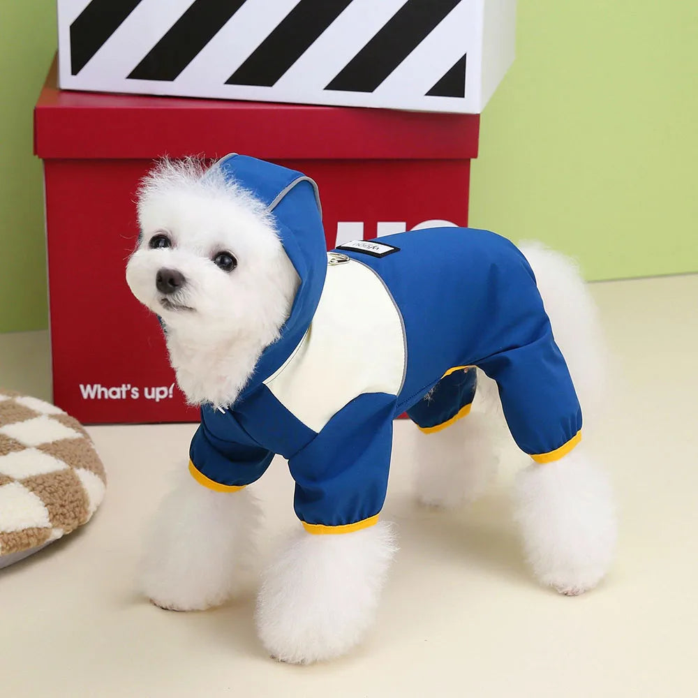 Waterproof Pet Clothing Fashion Splicing Color Dog Raincoat with Cap 4-Legs Puppy Rain Jacket Reflective Anti-Water Pet Apparel
