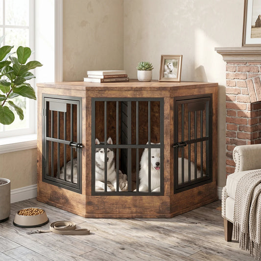 Corner Dog Crate Furniture Modern Indoor Dog Cage Decorative Pet House TV Stand for Medium and Large Sized Dogs Kennel Brown
