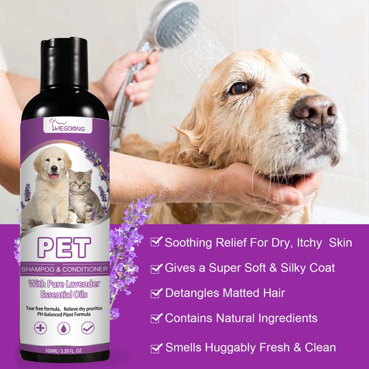 Pet Shampoo Shower Gel Dog Bath Cat Grooming Soothing Itchy Animal Skin Hair Smooth Detangling Deep Cleaning Coat Care Natural Shine Soft Tangle Free 100ml