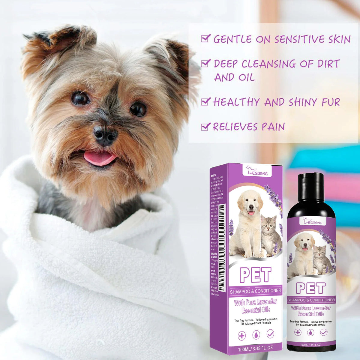 Pet Shampoo Shower Gel Dog Bath Cat Grooming Soothing Itchy Animal Skin Hair Smooth Detangling Deep Cleaning Coat Care Natural Shine Soft Tangle Free 100ml