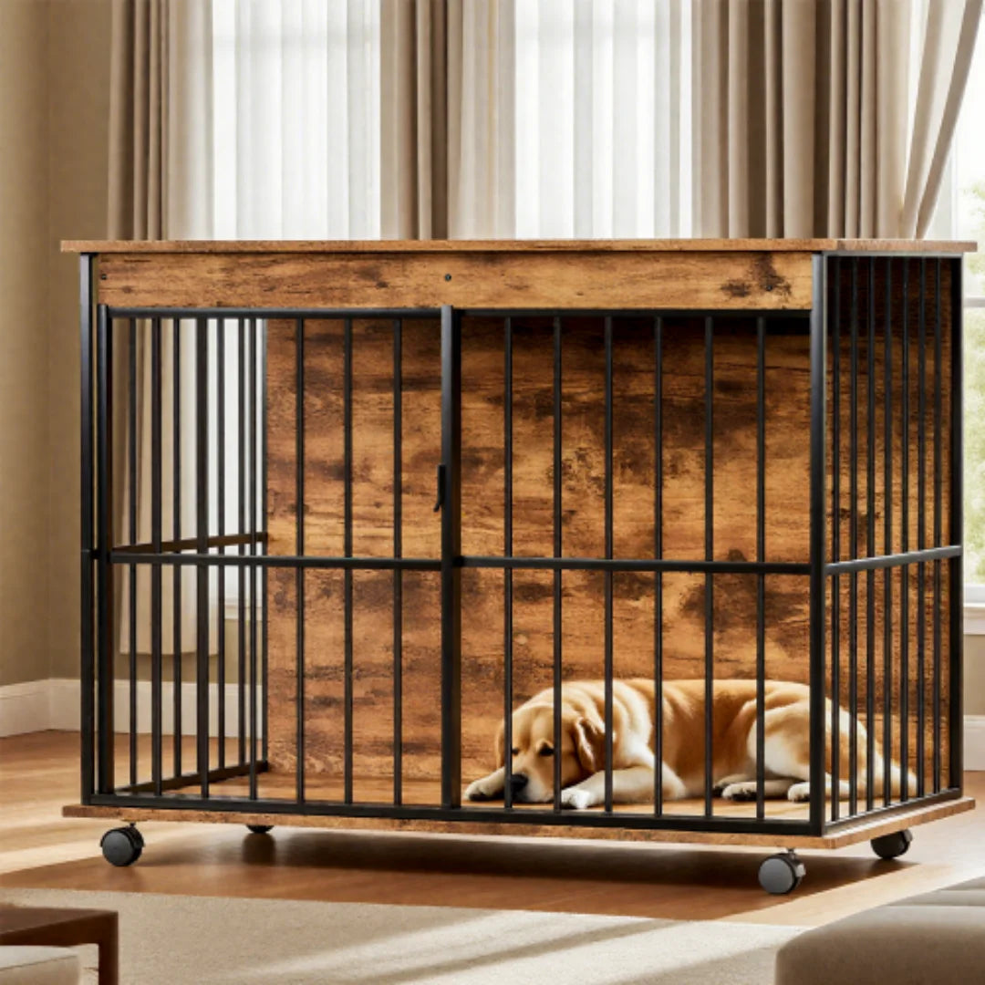 Large Dog Crate Furniture with Sliding Door, Wooden Pet Kennel End Table & Coffee Table for Living Room, Sturdy MDF Dog Cage House for Medium Large Dogs, Easy Assembly