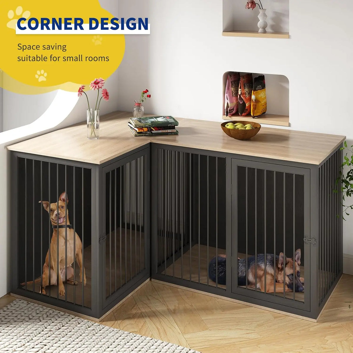 Dog Crate Furniture for 2 Dogs, 79.1" Large Dog Kennel Furniture with Dividers and Double Doors, All Steel Frame Double, Custom