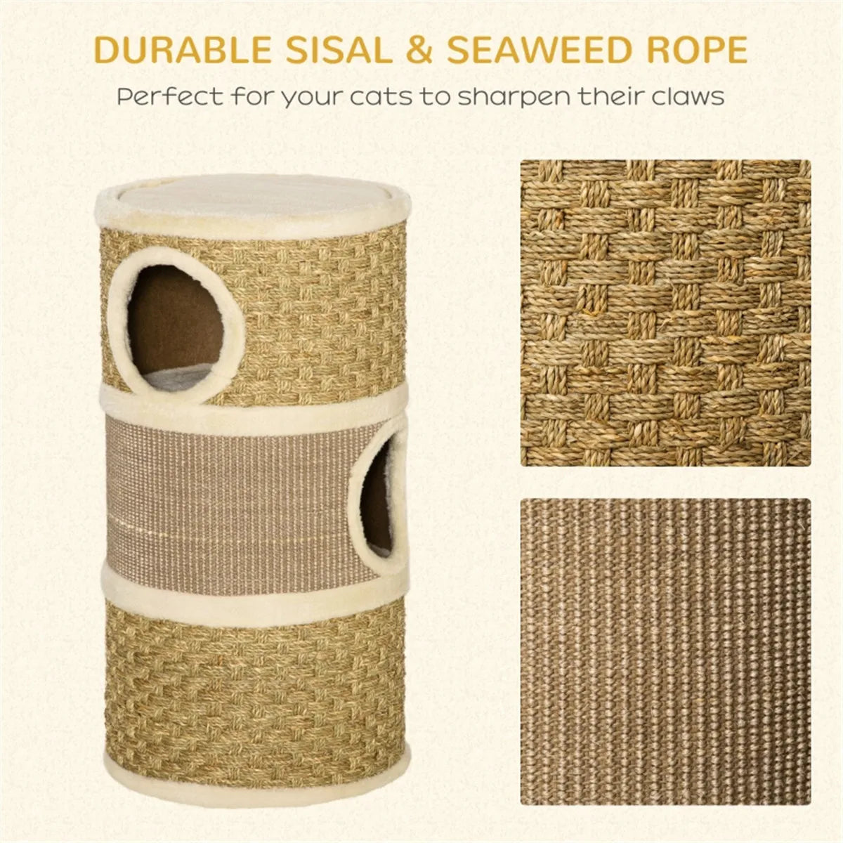 3‑Den Cat Tower Cat House Khaki Brown, Soft Plush Cat Cave with Sisal Seaweed Scratching Pads, Sturdy Particle Board Play Tower